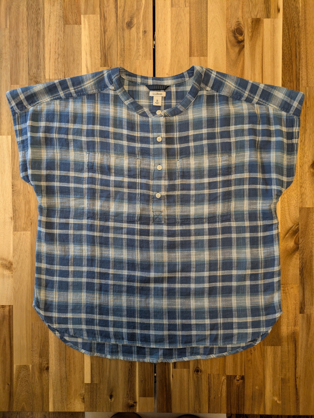 NWOT L.L. Bean Blue Plaid Short-Sleeve Henley Top Sz M